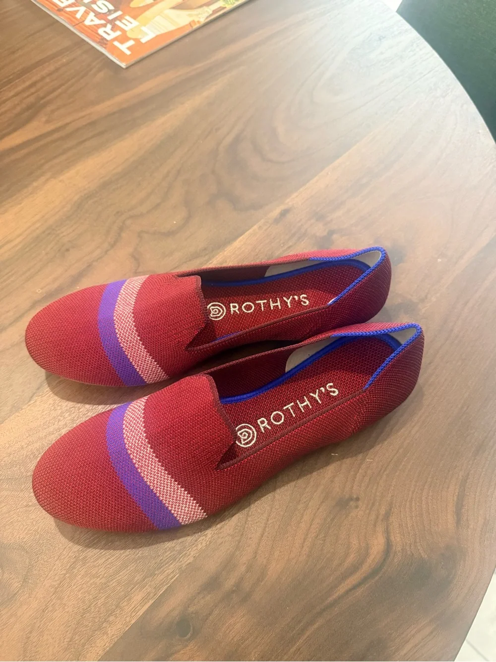 Rothy's Burgundy Flats with Beige and Blue Stripes - Picture 2 of 4
